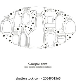 Coloring set elements in the shape of an oval. Set of bathroom elements in hand draw style. Collection of cans, packages, tubes. Antiseptic, toothpaste, gel, soap
