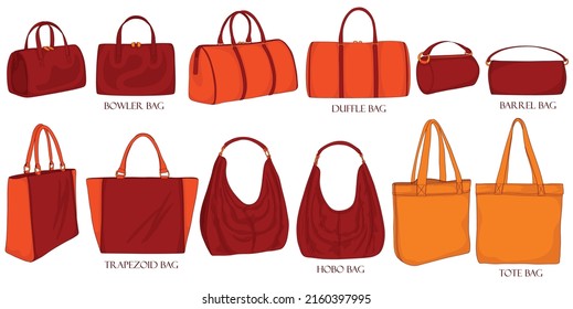 Coloring set of stylish bags. Bowling, hobo, trapezoid, duffle, barrel, tote. Collection of luxury modern accessories.