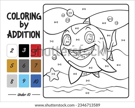 coloring shark by addition. coloring worksheet. Mathematical exercises on addition and subtraction. Printable worksheet for kids textbook