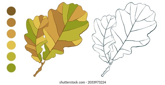 Coloring sheet with autumn oak leaves and color palette isolated on white background. Hand-drawn style vector illustration.