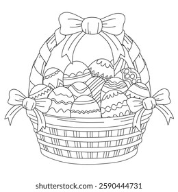 Coloring sheet with basket of eggs, easter element outline printable