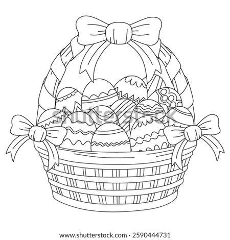 Coloring sheet with basket of eggs, easter element outline printable