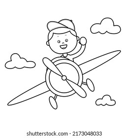 Coloring sheet of a boy driving a plane. Suitable for children's activities