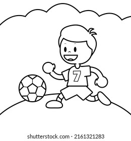 Coloring Sheet Of A Boy Playing Soccer. Suitable For Preschool And Educational Activities