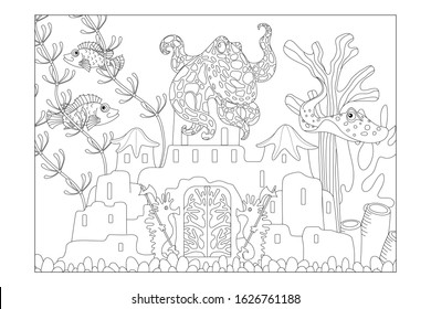 Coloring sheet for children. Underwater landscape with a castle, octopus, seahorses and fish. Poster. Vector
