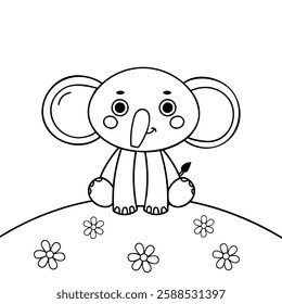 Coloring sheet cute elephant sitting. For Kids, Childrens creativity. Vector illustration for coloring book  