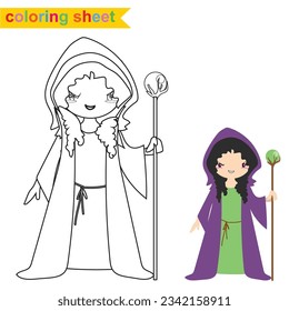 Coloring sheet fairytale kingdom  black and white an evil witch in a cloak holding a wand. Vector outline fantasy monarch kingdom. Medieval fairytale an evil witch cartoon character. 