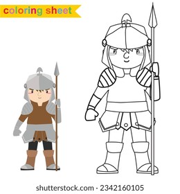 Coloring sheet fairytale kingdom black and white the cute kingdom guard in armour and holding a spear. Vector outline fantasy monarch kingdom. Medieval fairytale a knight cartoon character. 