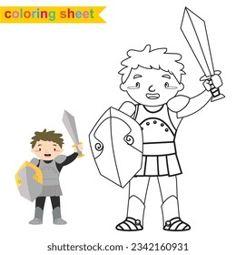 Coloring sheet fairytale kingdom  black and white the cute knight in armour and holding a sword and shield. Vector outline fantasy monarch kingdom. Medieval fairytale a kingdom’s guard cartoon.