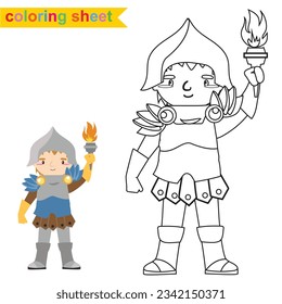 Coloring sheet fairytale kingdom monochrome the kingdom’s guard in armour and holding a torch. Vector outline fantasy monarch kingdom. Medieval fairytale a kingdom’s guard cartoon character