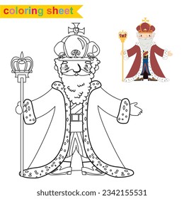 Coloring sheet fairytale kingdom monochrome the king with scepter. Vector outline fantasy monarch king in crown and mantle. Medieval fairytale king character.