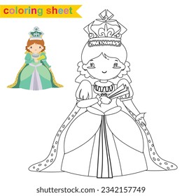 Coloring sheet fairytale kingdom monochrome the queen in green dress holding a hand fan. Vector outline fantasy monarch fairytale kingdom cartoon character. Coloring page for kids