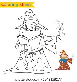 Coloring sheet fairytale kingdom monochrome  the male sorcerer or wizard reading the spell book. Vector outline fantasy monarch kingdom. Medieval fairytale a male sorcerer or wizard cartoon character.