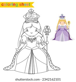 Coloring sheet fairytale kingdom monochrome the queen in purple dress with sceptre. Vector outline fantasy monarch kingdom a queen in crown and mantle. Medieval fairytale queen character. 