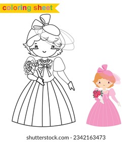 Coloring sheet fairytale kingdom monochrome the cute princess in pink dress holding a bouquet of flower. Vector outline fantasy monarch kingdom a princess. Medieval fairytale princess character. 