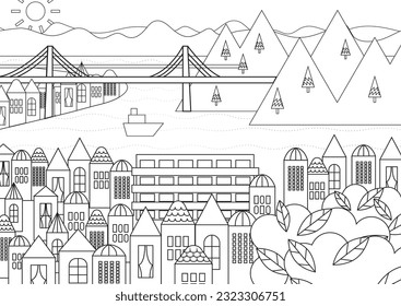 Coloring sheet of a small cityscape with the sea