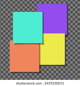 Coloring sheets and scotch tape on png background, vector illustration. Note paper for reminders or notifications.  Green, red, yellow, purple, note pad for reminders in business office.