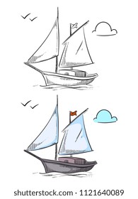 Coloring ship with colorful sample. Hand drawn boat isolated on white background. Vector illustration