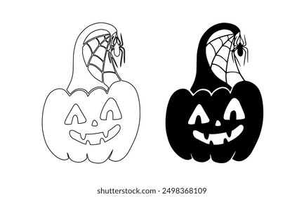 Coloring, silhouette of funny autumn pumpkin characters with web and spiders. Vector graphics.