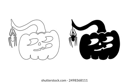 Coloring, silhouette of funny autumn pumpkin characters with web and spiders. Vector graphics.