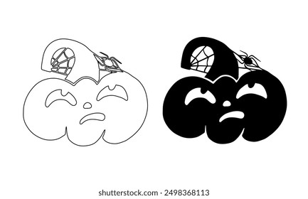 Coloring, silhouette of funny autumn pumpkin characters with web and spiders. Vector graphics.