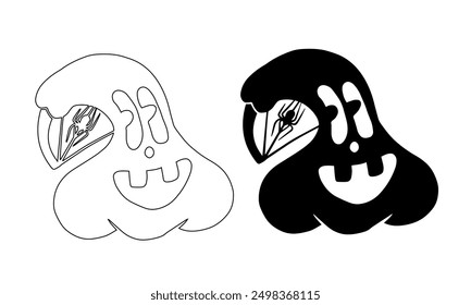 Coloring, silhouette of funny autumn pumpkin characters with web and spiders. Vector graphics.