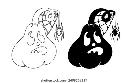 Coloring, silhouette of funny autumn pumpkin characters with web and spiders. Vector graphics.