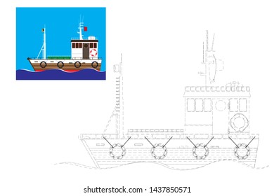 Coloring. Simple educational game for children. Ship vector illustration.