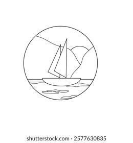 coloring a simple minimalist flat boat. suitable for children's drawing books. logo of a small boat sailing through the mountains