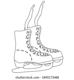 Coloring. Skates. Black linear object on a white background. Sports, figure skating or hockey. Hand drawn vector illustration.