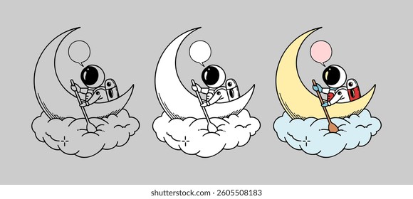 Coloring sketch of an astronaut gliding on the moon in a sea of ​​clouds