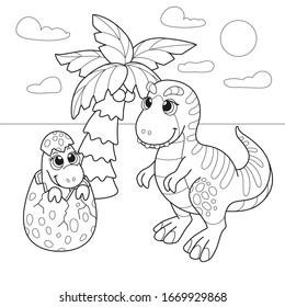 Coloring small tyrannosaurs on a walk, landscape background. Vector illustration isolated on a white background with cute funny dinosaur characters, for small children's coloring book.