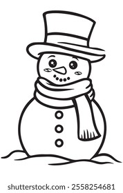 Coloring snowman vector. Coloring page outline of cartoon smiling cute christmas snowman. Colorful vector illustration, winters coloring book for kids.