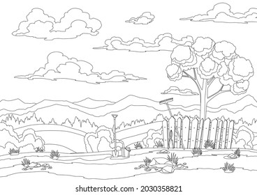 Colores del paisaje primaveral con hierba, colinas, cielo con nubes y utensilios de granja. Fondo natural del campo en un estilo de dibujos animados planos. Bonito campo con árbol