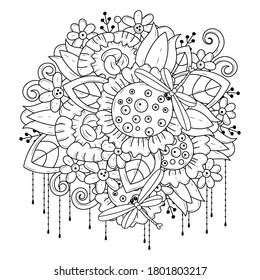 Coloring square page for children and adults. Vector illustration with flowers and dragonflies.