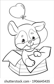 Coloring.  St. Valentine's Day. Cartoon Vector Illustration. 
Puppy gift with heart. Isolated on white background. A4. 