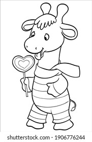 Coloring. St. Valentine's Day. Cartoon Vector Illustration. Giraffe with heart lollipop. Isolated on white background. A4. 