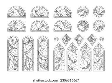 Coloring stained glasses. Set of different windows shapes drawing in one style.