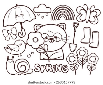 coloring sticker cartoon spring sticker set with cartoon animals and plant stuff. cute coloring page for spring season, doodle set