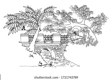 coloring  stone bridge over the river in the park  trees over water  black   white  doodle
