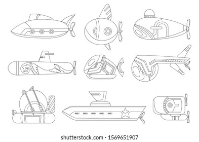 Coloring submarine set undersea cartoon style bathyscaphe underwater ship, diving exploring at the bottom of sea flat vector design.