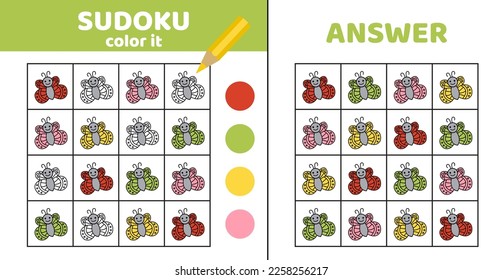 Coloring sudoku with butterflies. Sudoku. Butterfly. Game for children. Cartoon, flat, vector, eps 10