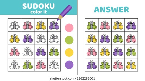 Coloring sudoku with butterflies. Sudoku. Butterfly. Game for children. Cartoon, flat, vector, eps 10