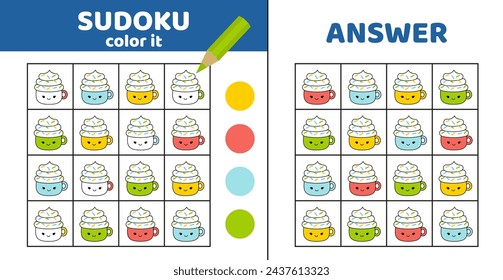 Coloring sudoku with cup of hot drink with cream. Sudoku. Squishmallow cup. Game for children. Cartoon, kawaii, vector, eps 10