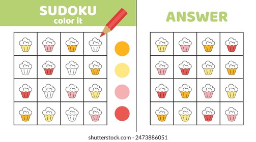 Sudoku para colorear. Magdalena. Sudoku con cuatro cupcakes. Juego para niños. Caricatura, Vector, eps 10