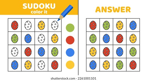 Coloring sudoku with Easter eggs. Sudoku. Eggs. Game for children. Cartoon, flat, vector, eps 10