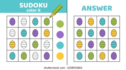 Coloring sudoku with eggs. Sudoku. Easter eggs. Game for children. Cartoon, flat, vector, eps 10