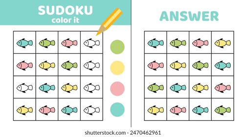 Sudoku para colorear. Pescado. Sudoku con cuatro peces. Juego para niños. Caricatura, Vector, eps 10