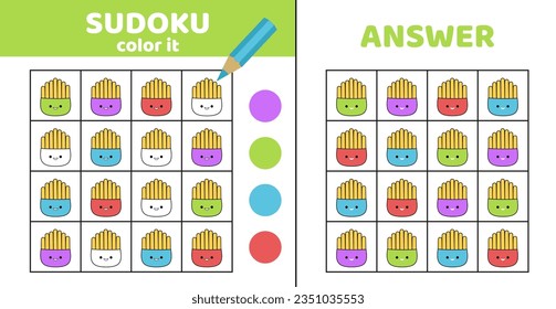 Coloring sudoku with french freis. Sudoku. Potato. Game for children. Squishmallow. Cartoon, flat, vector, eps 10