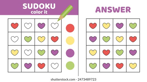 Sudoku para colorear. Corazón. Sudoku con cuatro corazones. Juego para niños. Caricatura, Vector, eps 10
